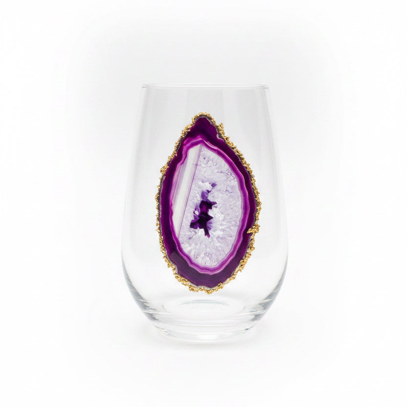 Purple Agate Sliced Geodes on Crystal Wineglass. Set of 4