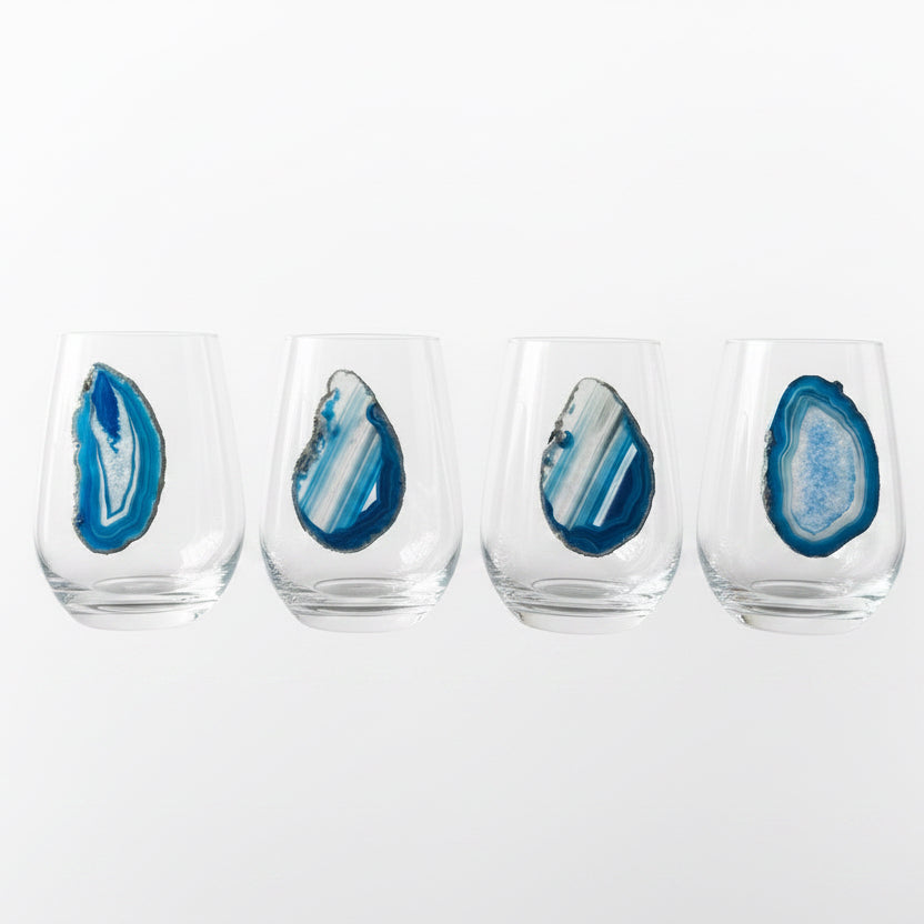 Blue and White Agate Geode Stemless Wineglasses on Crystal. Set of 4