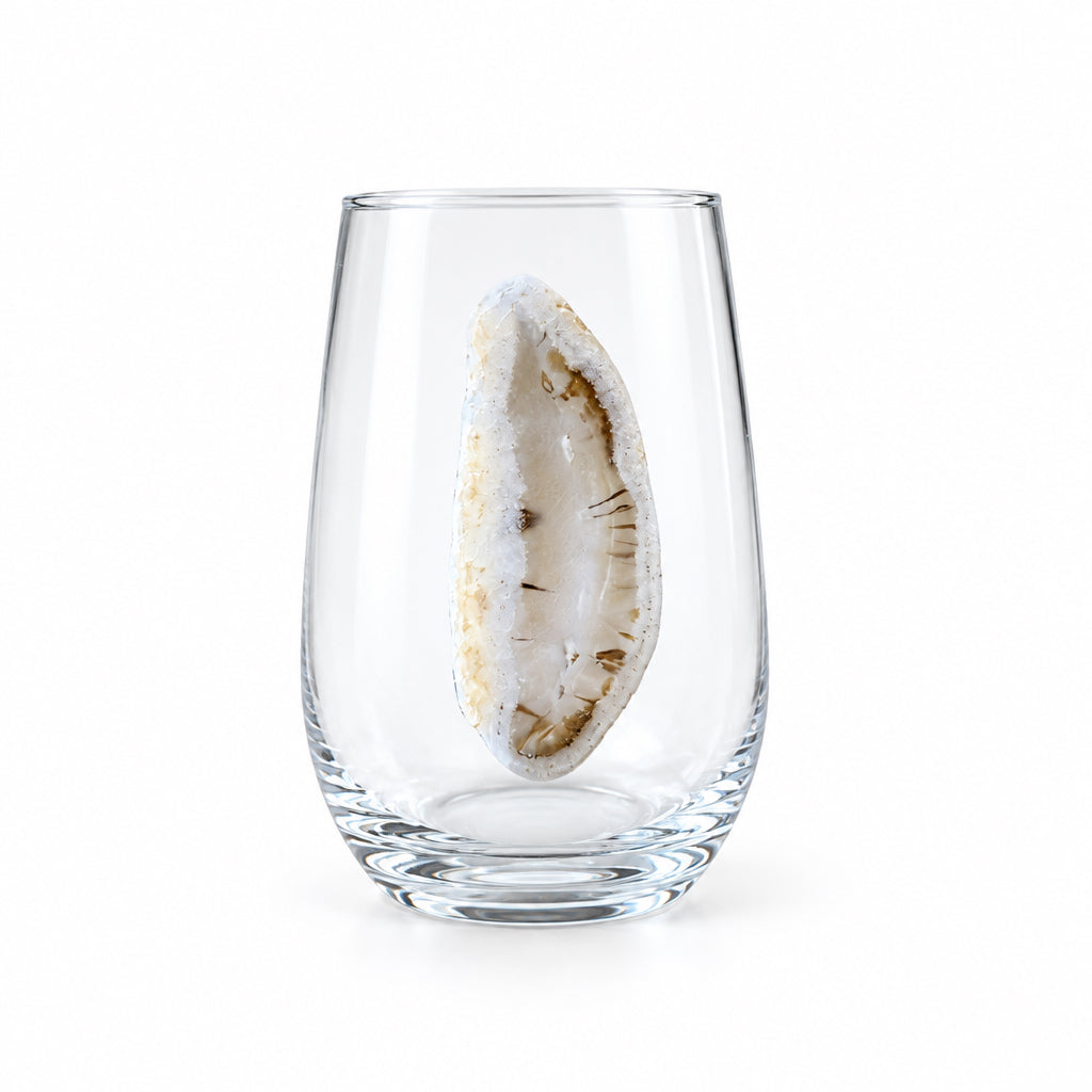 White Agate Geode on Crystal Wineglass. Set of 4