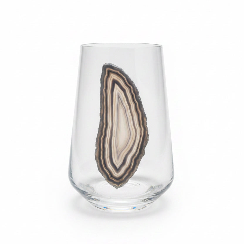 Grey Sliced Agate Geode on a Stemless Crustal Wineglass. Set of 4