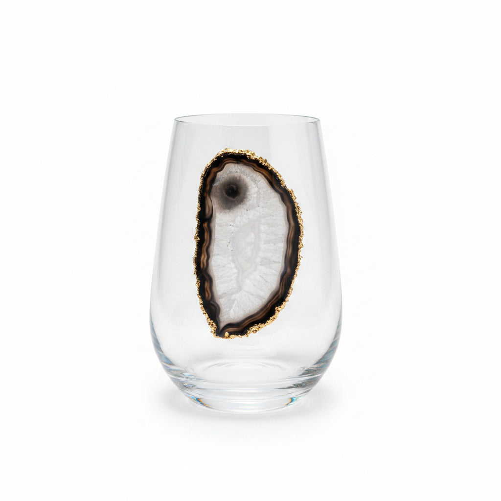 Black Sliced Agate Geodes on Crystal Wineglasses. Set of 4