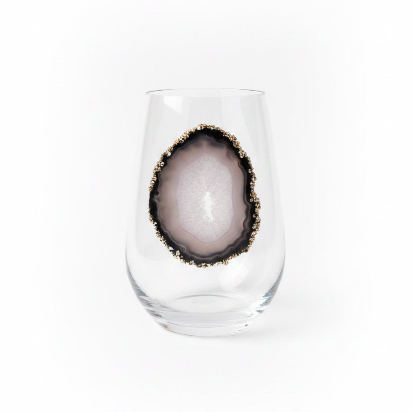 Black Agate Sliced Geodes on Crystal Wineglasses. Set of 4