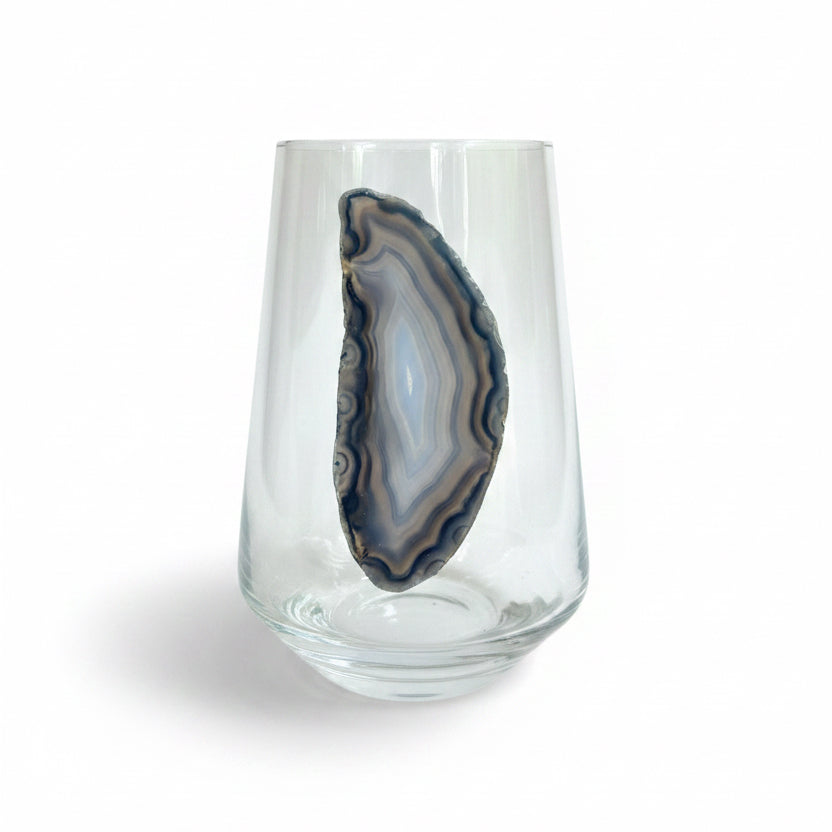 Grey Sliced Agate Geode on a Stemless Crustal Wineglass. Set of 4