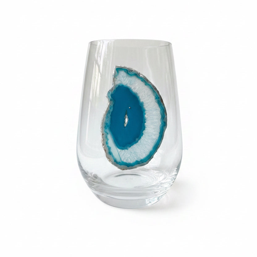 Aqua Blue Sliced Agate Crystal Stemless Wineglasses. Set of 4