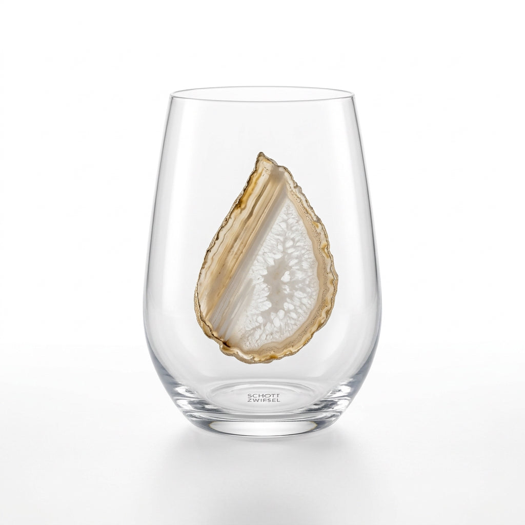 White Agate Sliced Geode on Crystal Stemless Wineglass. Set of 4