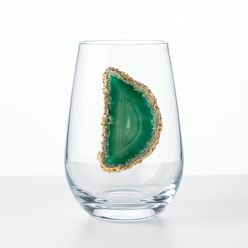 Green Agate Geode with Pyrite Rim on Crystal Stemless Wineglass. Set of 4