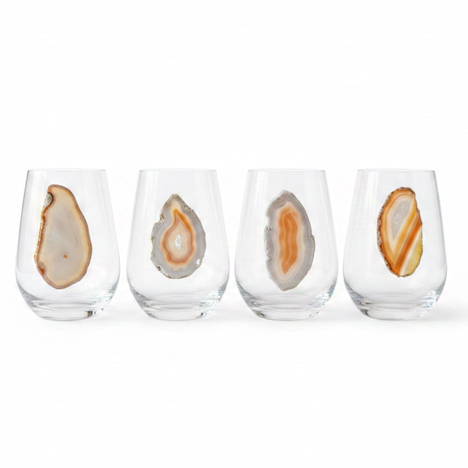 White and Amber stemless crystal wineglasses. Set of 4