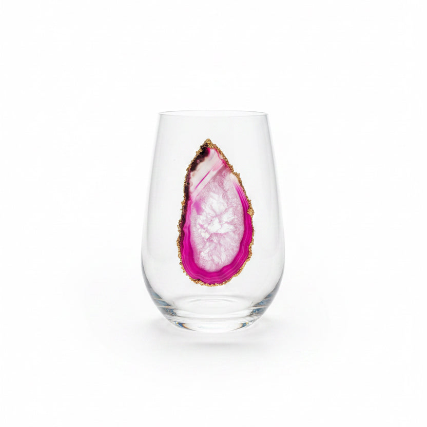 Pink Agate sliced Geodes Wineglasses with Pyrite rim. Set of 4