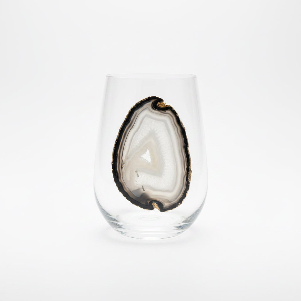 Grey and Black Sliced Agate Geode on Crystal Wineglass. Set of 4
