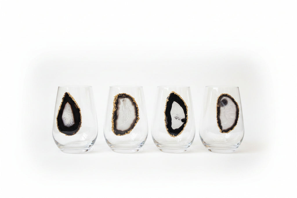 Black Sliced Agate Geodes on Crystal Wineglasses. Set of 4
