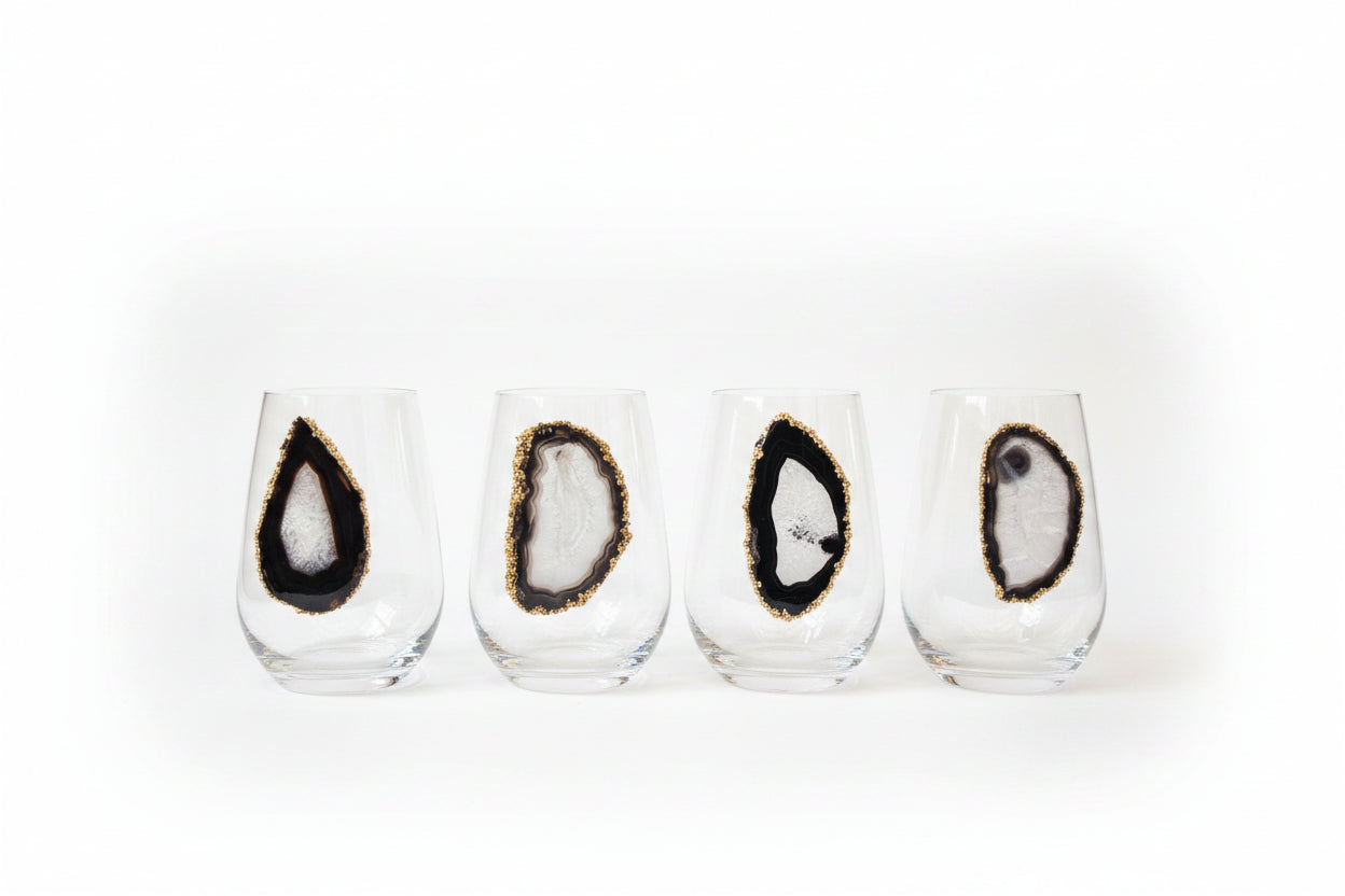 Black Sliced Agate Geodes on Crystal Wineglasses. Set of 4