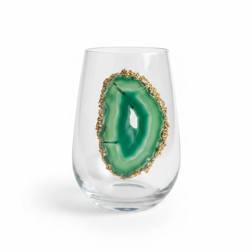 Green Agate Geode with Pyrite Rim on Crystal Wineglass. Set of 4