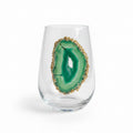 Green Agate Geode with Pyrite Rim on Crystal Wineglass. Set of 4