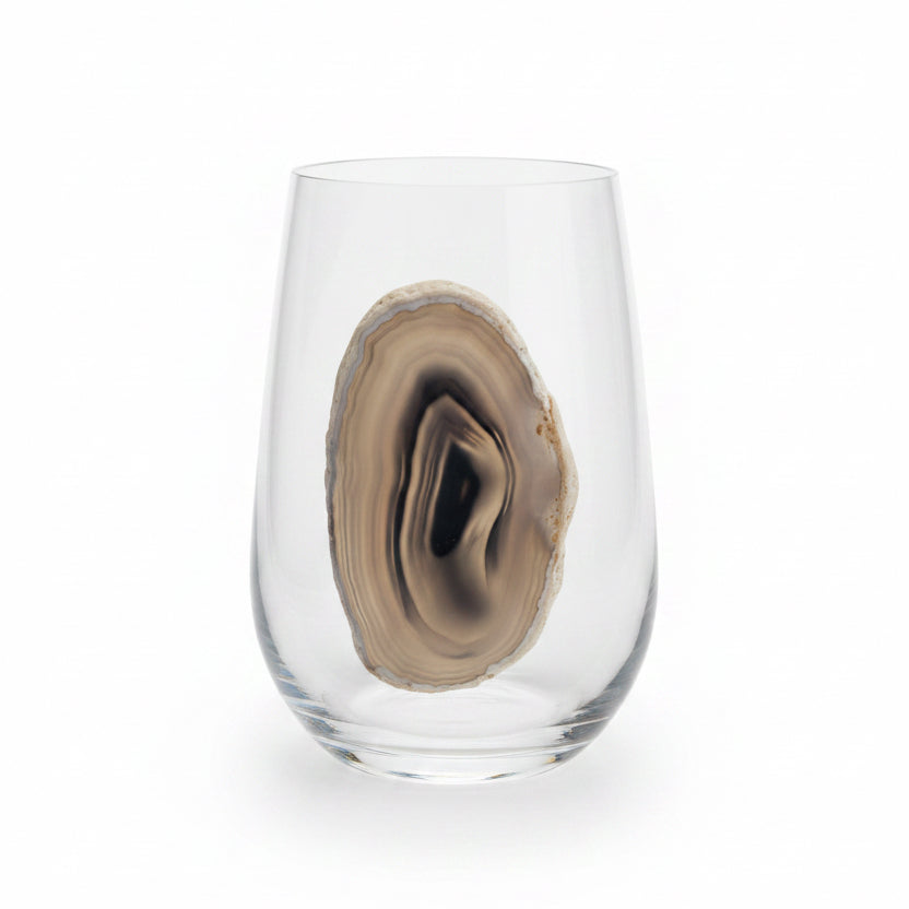 Grey and White Agate Geodes on Crystal Wineglass. Set of 4