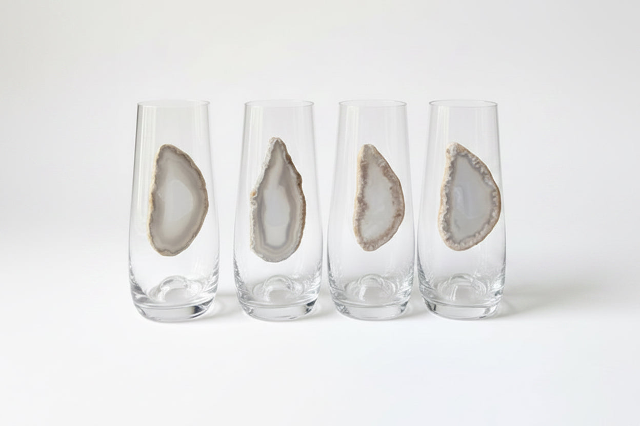 White and Grey Agate Geode Stemless Crystal Champagne Glasses. Set of 4
