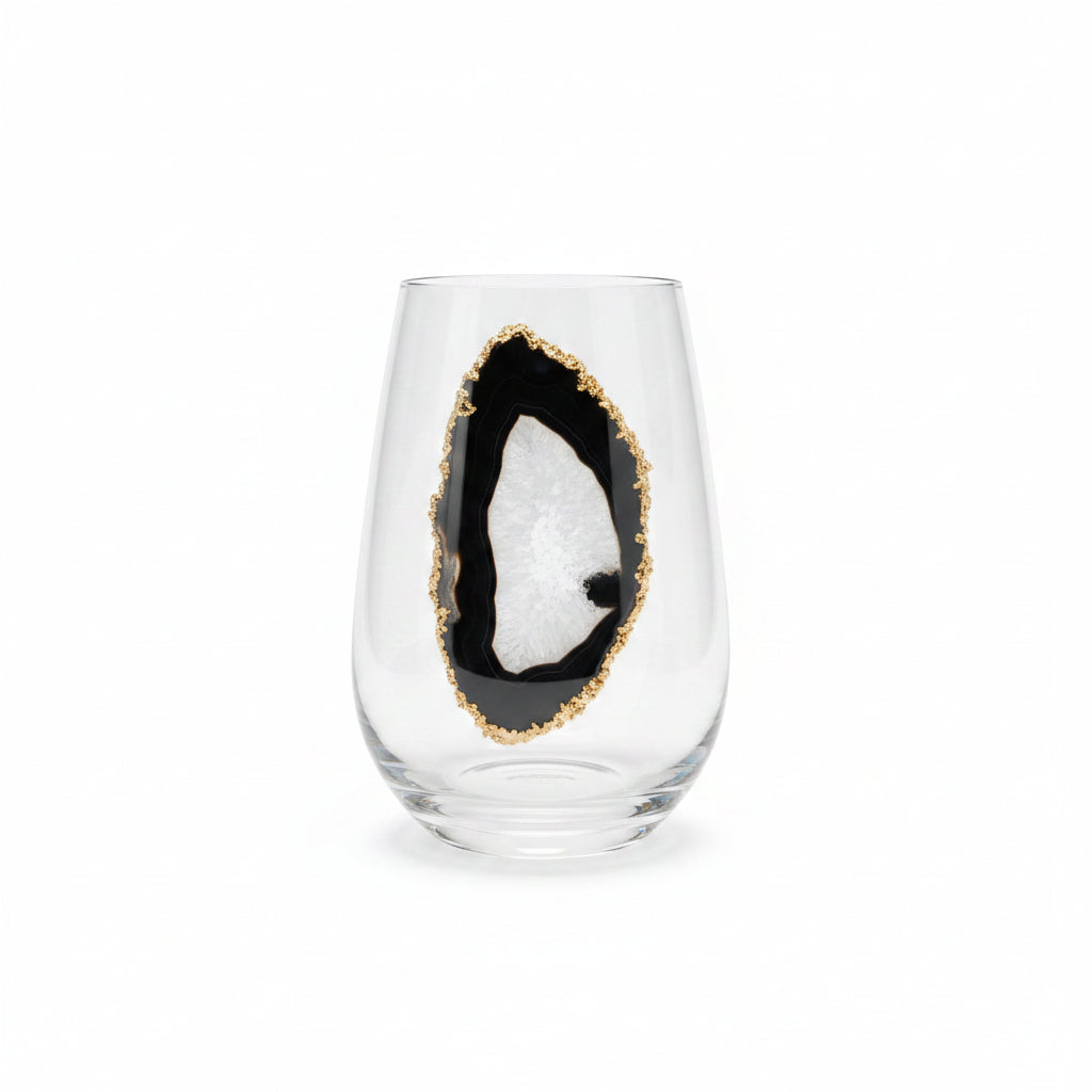 Black Sliced Agate Geodes on Crystal Wineglasses. Set of 4