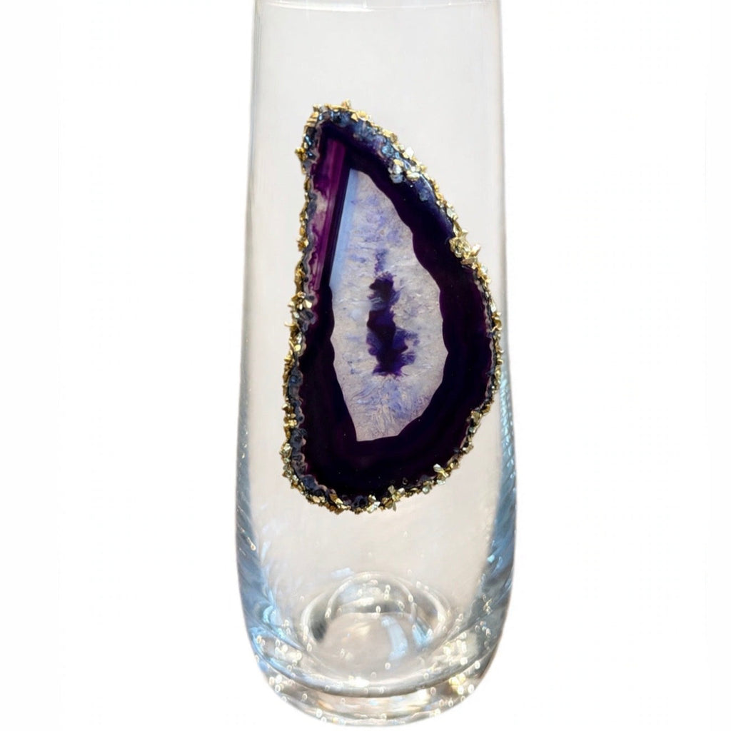 Purple Agate Sliced Geode with Pyrite Rim on Crystal Champagne Flutes. Set of 4. ￼