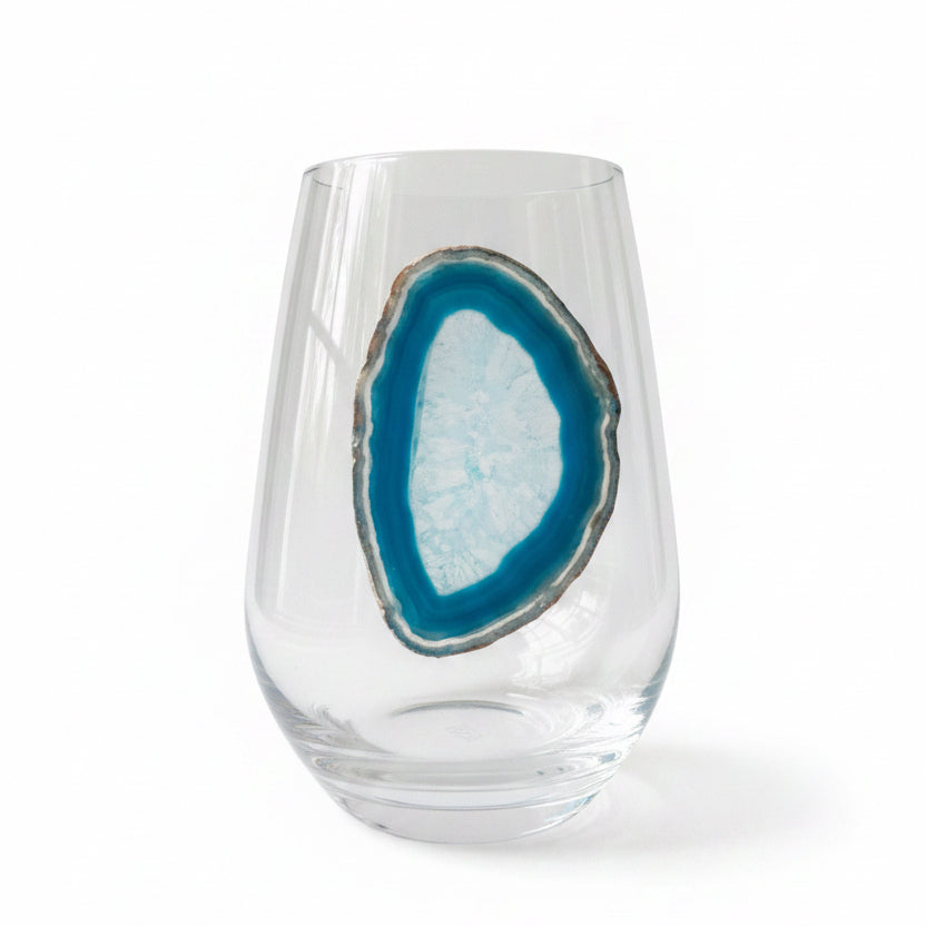 Aqua Blue Sliced Agate Crystal Stemless Wineglasses. Set of 4