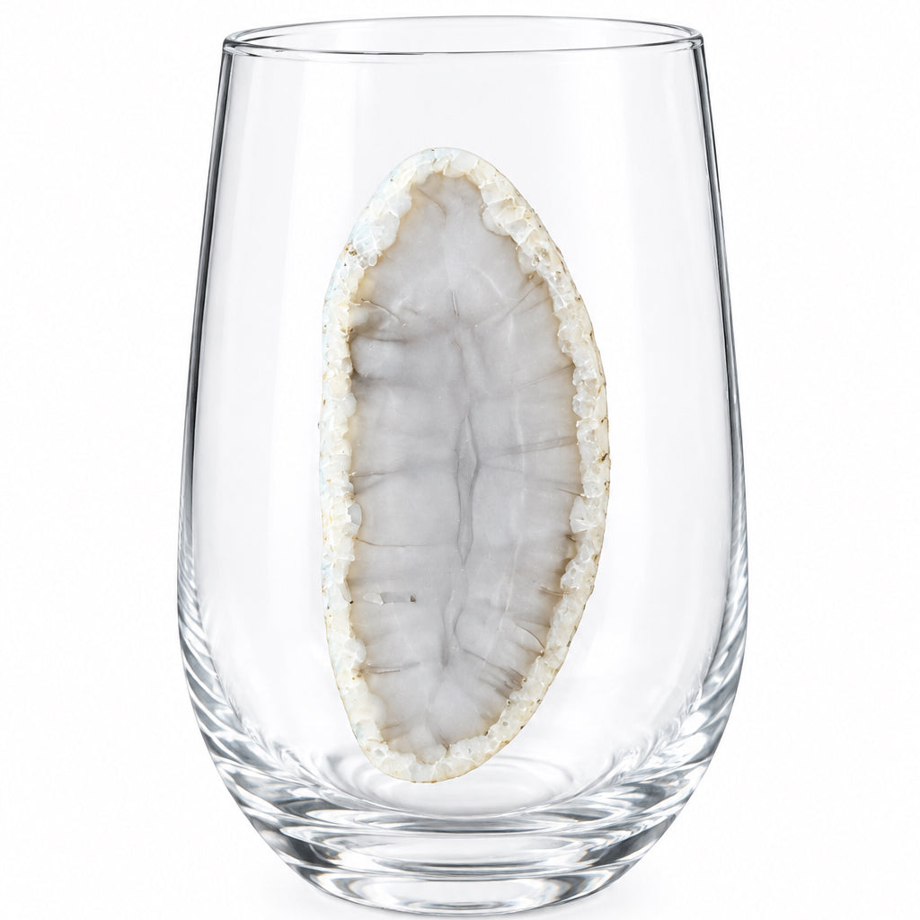 White Agate Geode on Crystal Wineglass. Set of 4