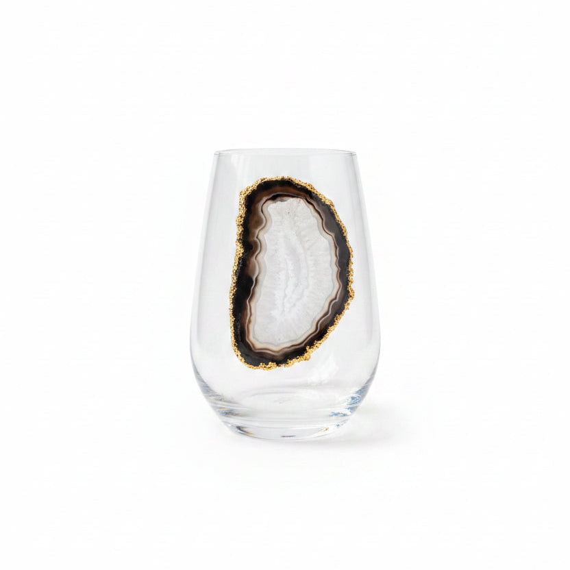 Black Sliced Agate Geodes on Crystal Wineglasses. Set of 4