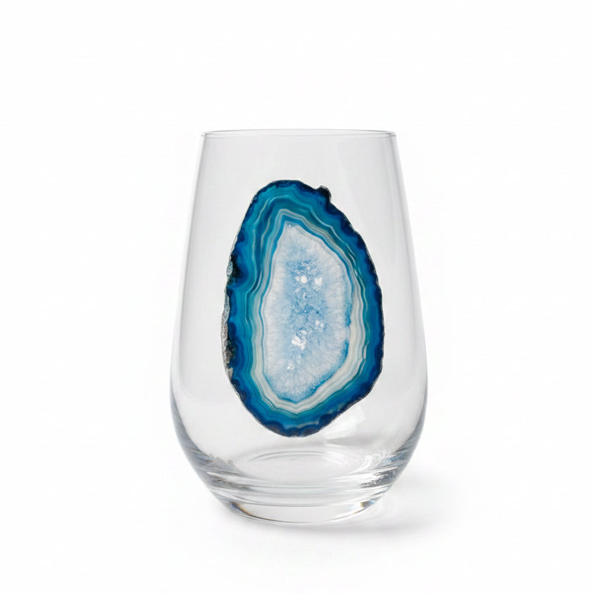 Blue and White Agate Geode Stemless Wineglasses on Crystal. Set of 4