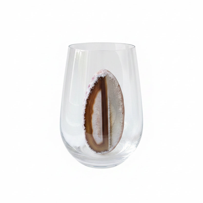 Natural Sliced Agate Geodes on Crystal Stemless Wineglasses