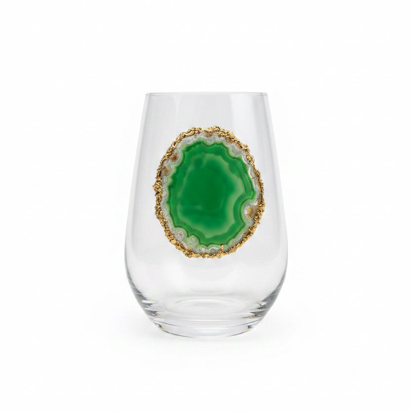 Green Sliced agate Geode with Pyrite Rim on Crystal Wineglasses. Set of 4