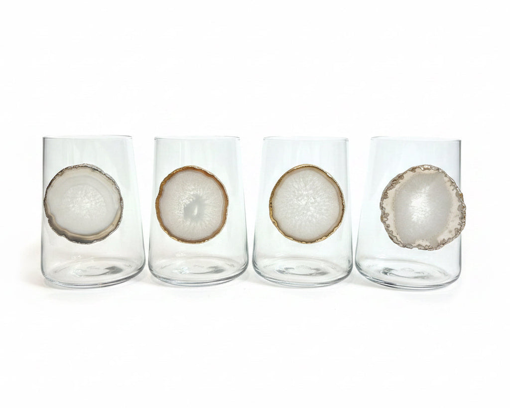 White Agate Sliced Geode Tumblers. Set of 4