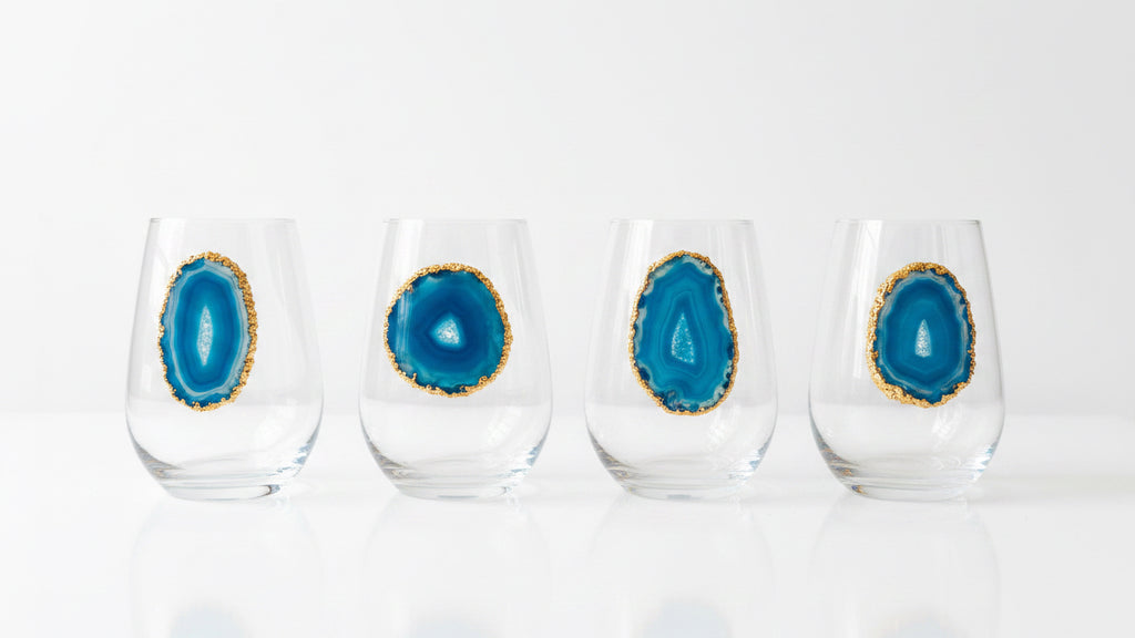 Aqua Blue Agate Sliced Geodes on Crystal Wineglasses. Set of 4