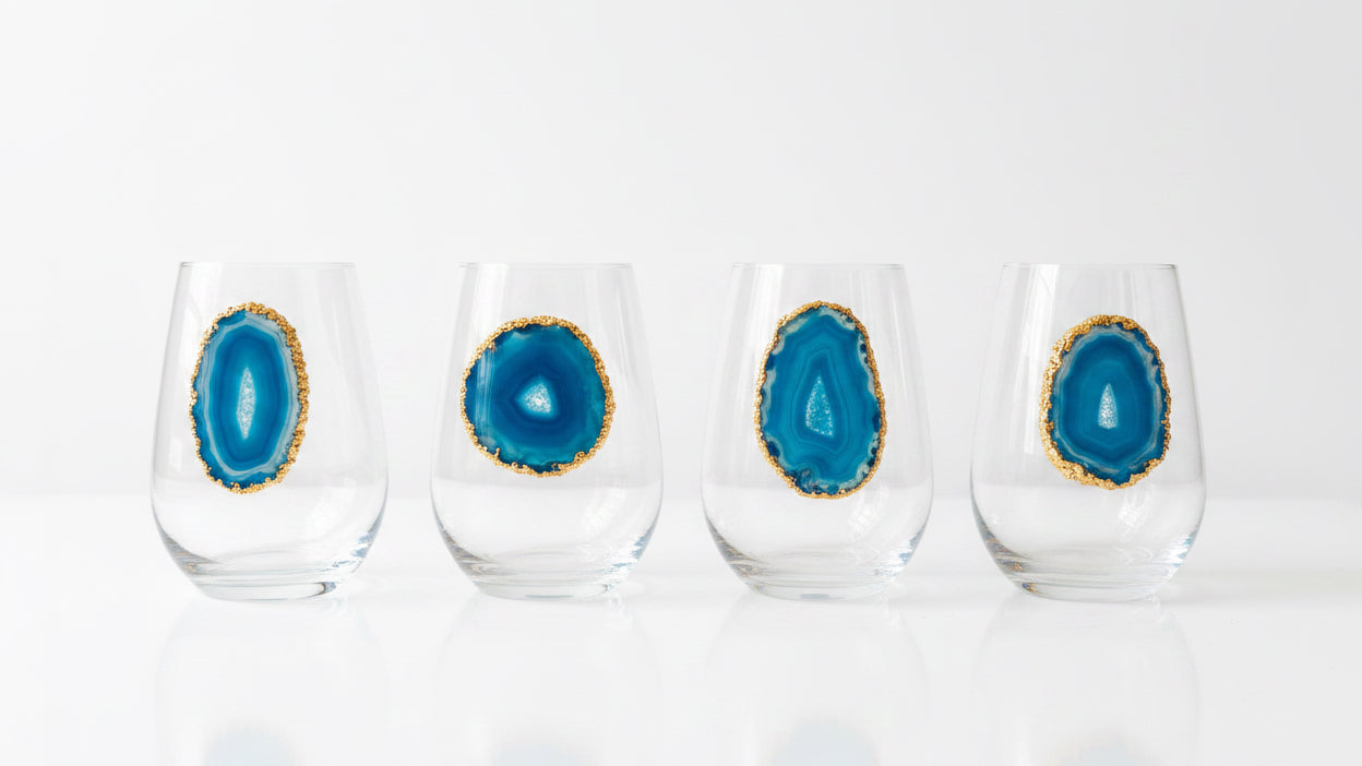 Aqua Blue Agate Sliced Geodes on Crystal Wineglasses. Set of 4