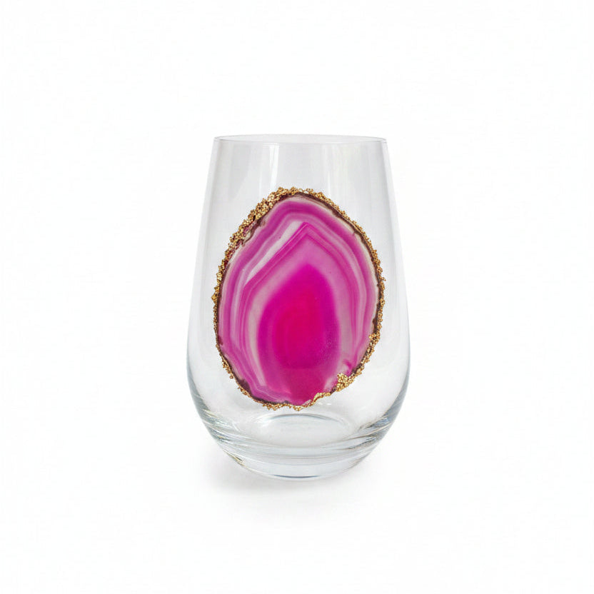 Pink Sliced Agate Geode with Pyrite Rim on Crystal Wineglasses. Set of 4