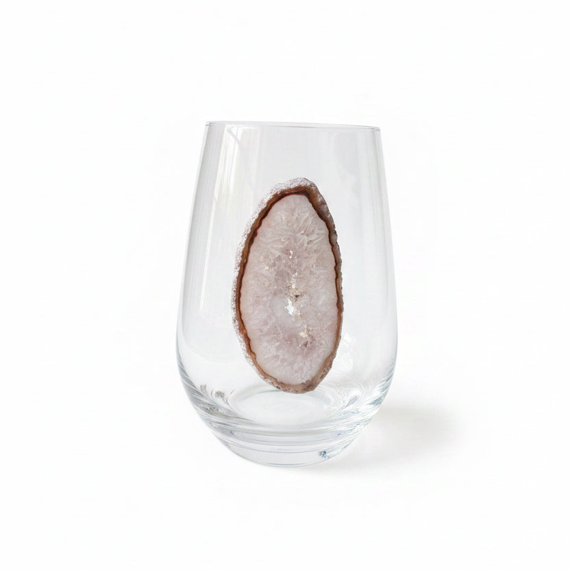 Natural Sliced Agate Geodes on Crystal Stemless Wineglasses