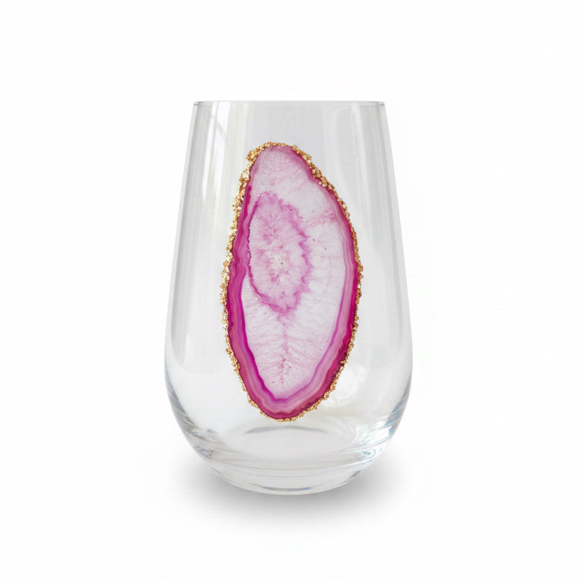 Pink Agate sliced Geodes Wineglasses with Pyrite rim. Set of 4