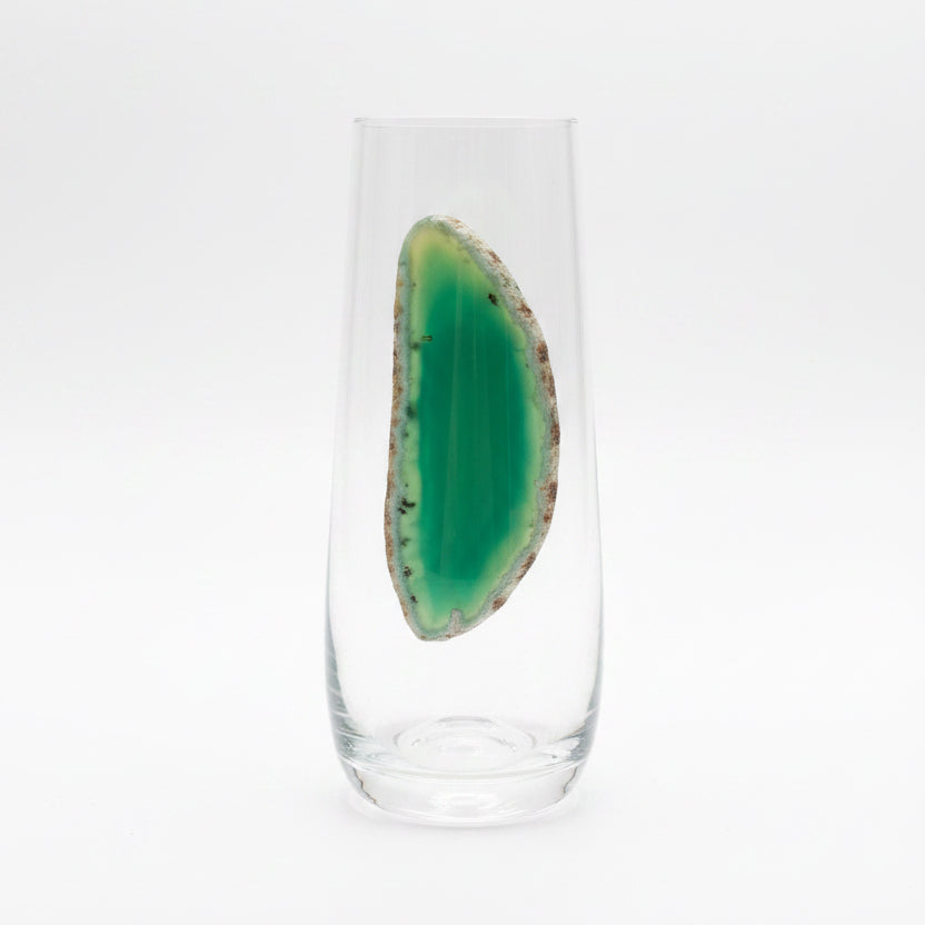 Light Green Agate Sliced Geode on Stemless Crystal Flute. Set of 4