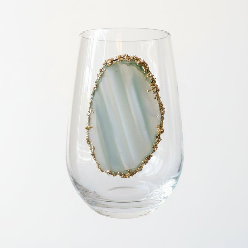 Light Green Agate Sliced Geodes on Crystal Wineglasses. Set of 4