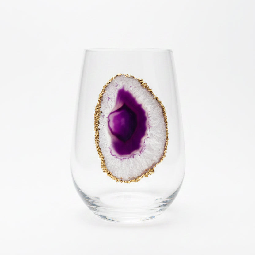 Purple Agate Sliced Geodes on Crystal Wineglass. Set of 4