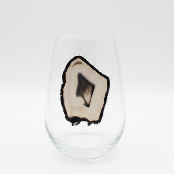 Black and Grey Agate Sliced Geode on Crystal Wineglasses. Set of 4
