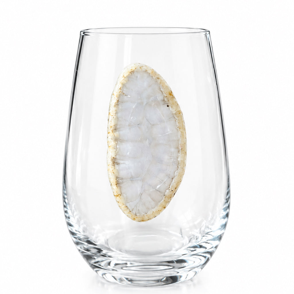 White Agate Sliced Geode on Crystal Wineglass. Set of 4