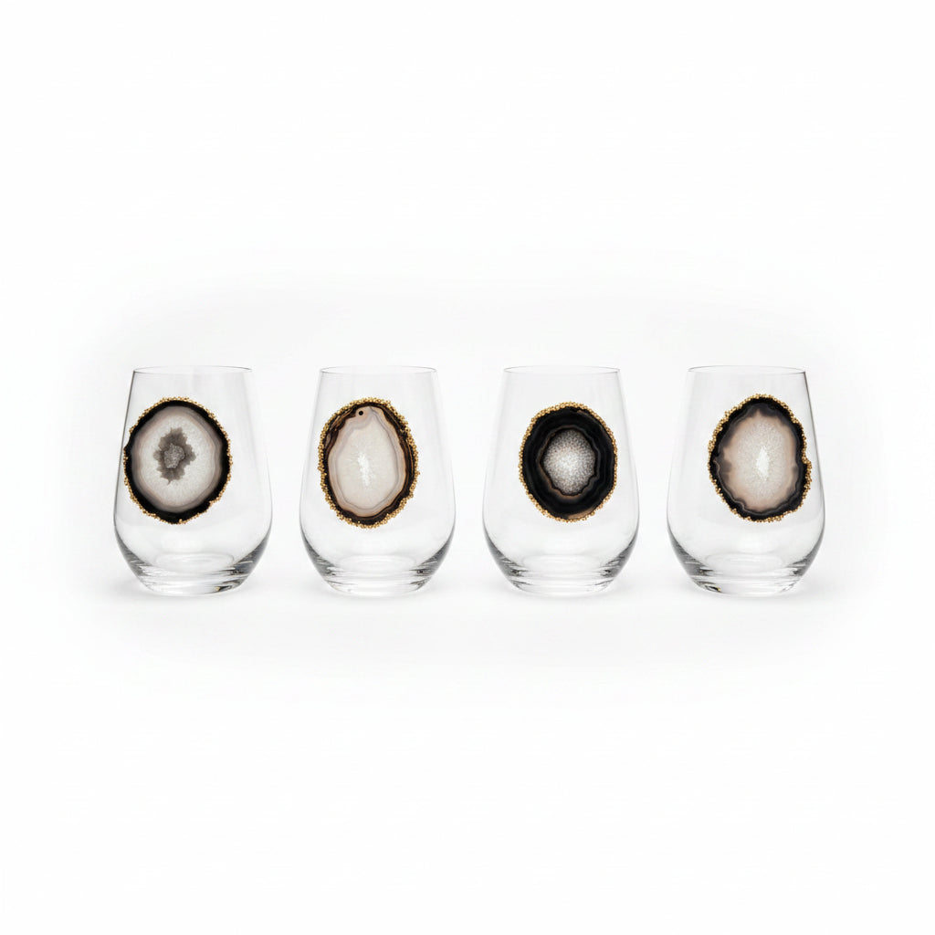 Black Agate Sliced Geodes on Crystal Wineglasses. Set of 4