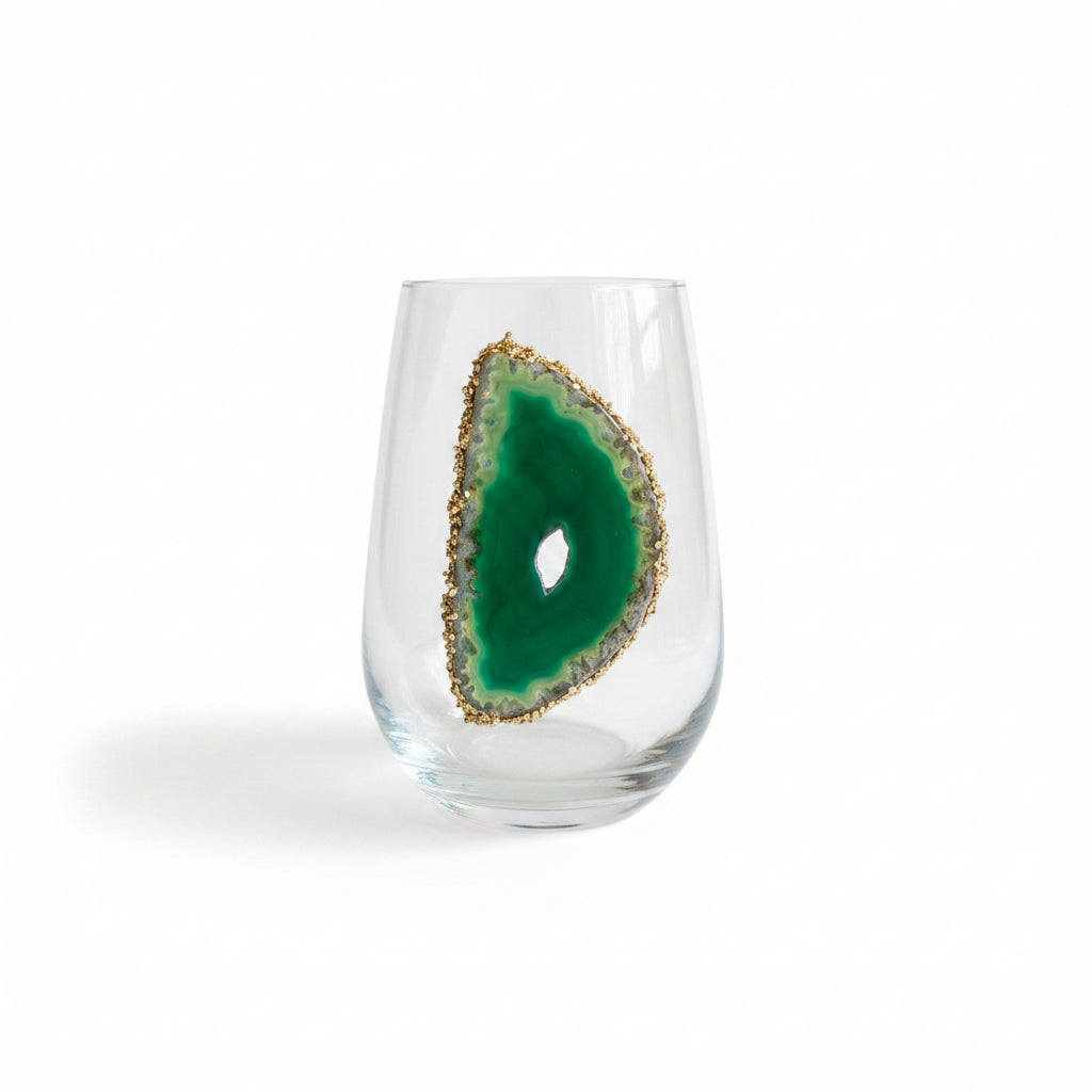 Green Agate Geode with Pyrite Rim on Crystal Wineglass. Set of 4