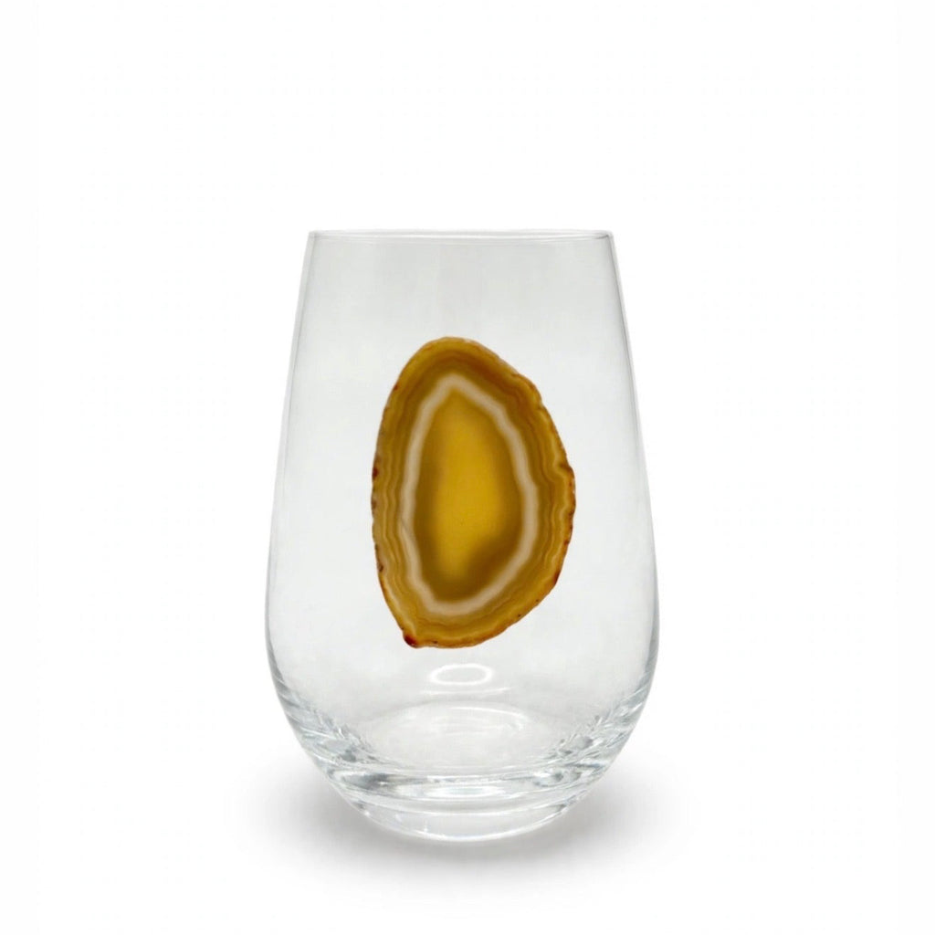 White and Light Amber Agate Geodes on Crystal Wineglass. Set of 4