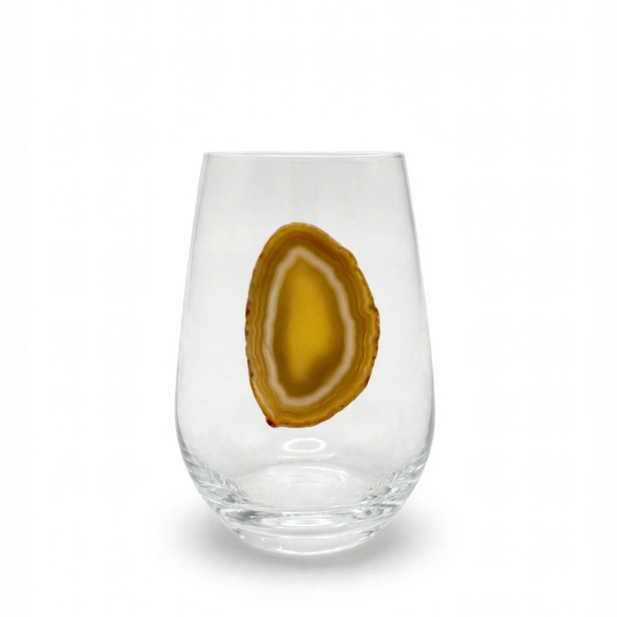 White and Light Amber Agate Geodes on Crystal Wineglass. Set of 4