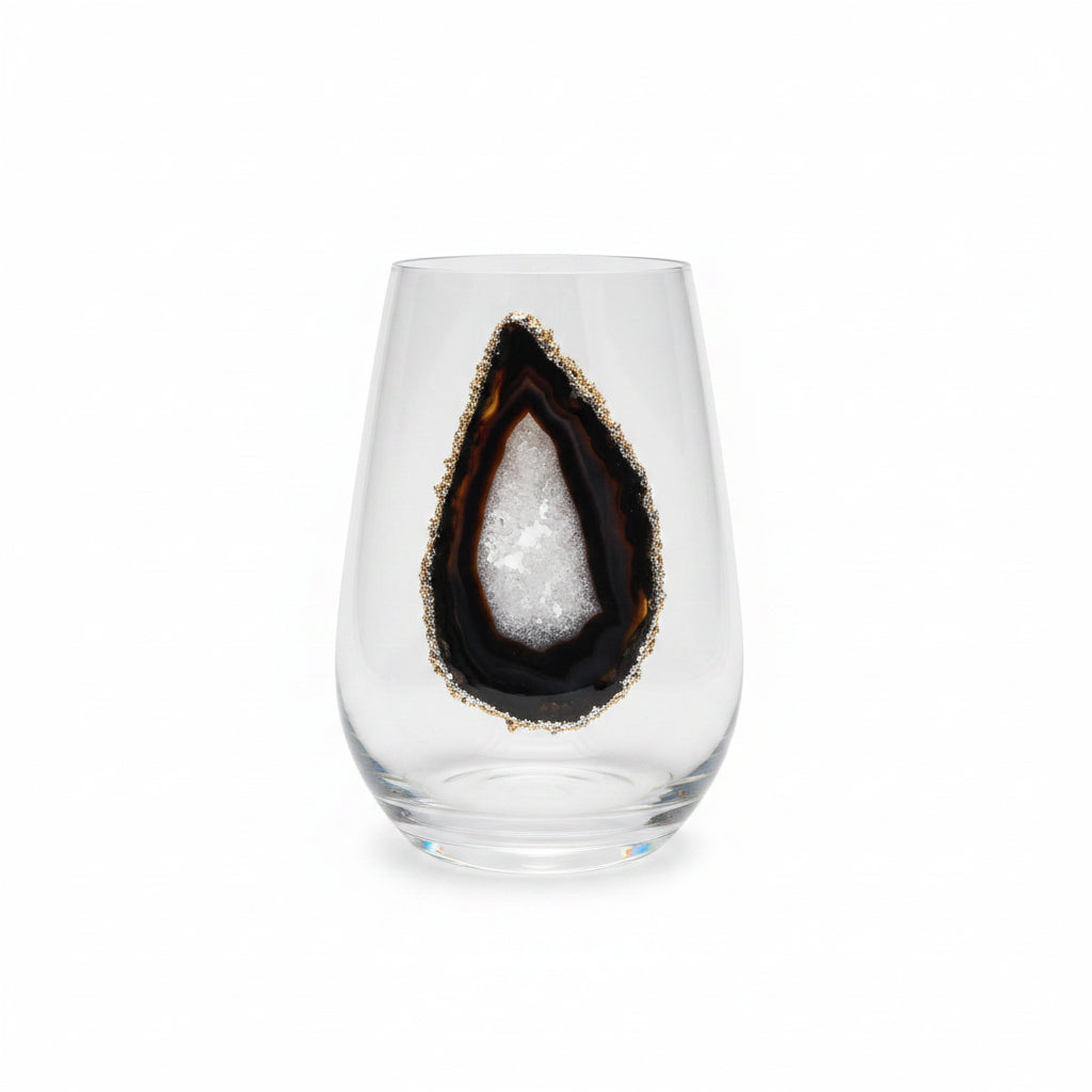 Black Sliced Agate Geodes on Crystal Wineglasses. Set of 4