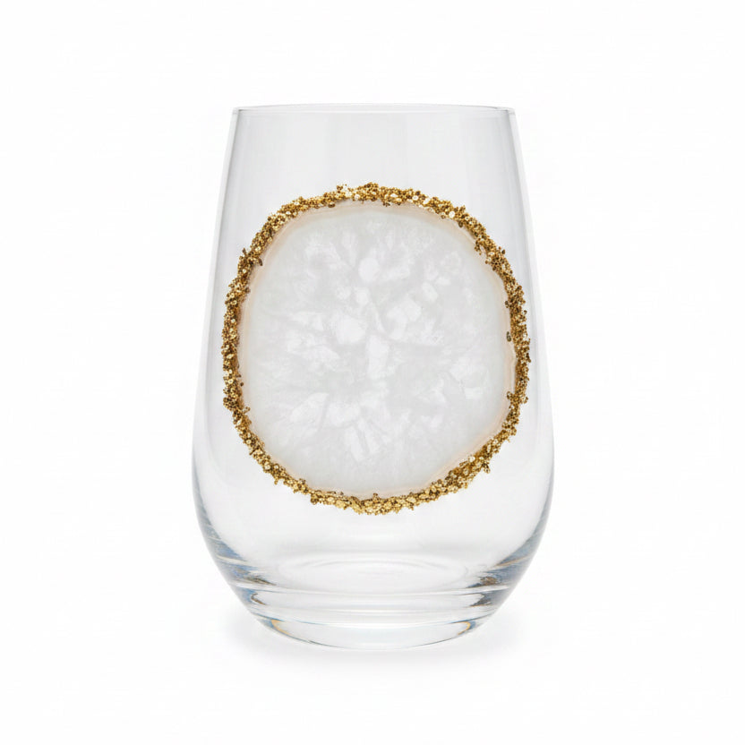 White Sliced Agate Geode on Crystal Wineglass. Set of 4