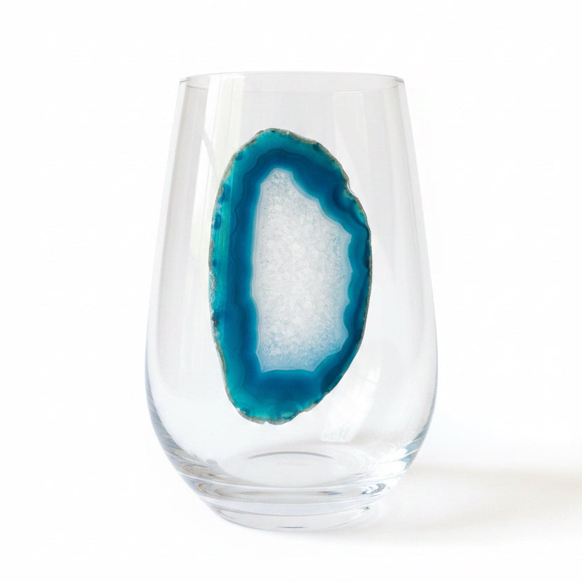 Blue and White Agate Geode Stemless Wineglasses on Crystal. Set of 4