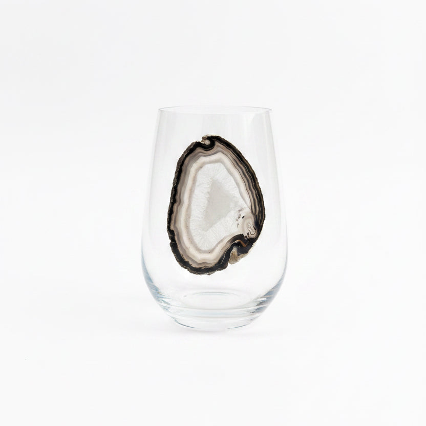 Grey and Black Sliced Agate Geode on Crystal Wineglass. Set of 4