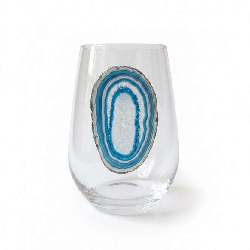 Blue and White Agate Geode Stemless Wineglasses on Crystal. Set of 4