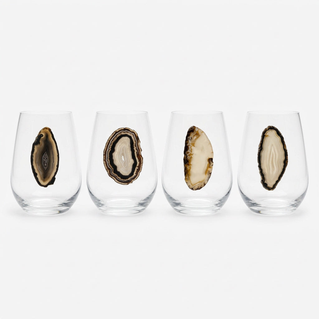 Black and grey Sliced Agate Geodes on Crystal Stemless wineglass . Set of 4