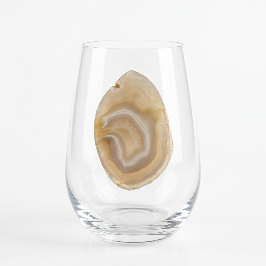 Grey Agate Sliced Geodes on Crystal Stemless Wineglass. Set of 4
