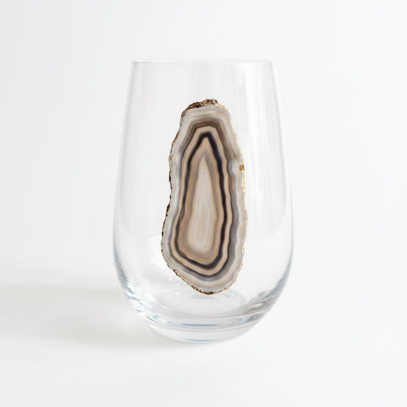 Grey and White Agate Geodes on Crystal Wineglass. Set of 4